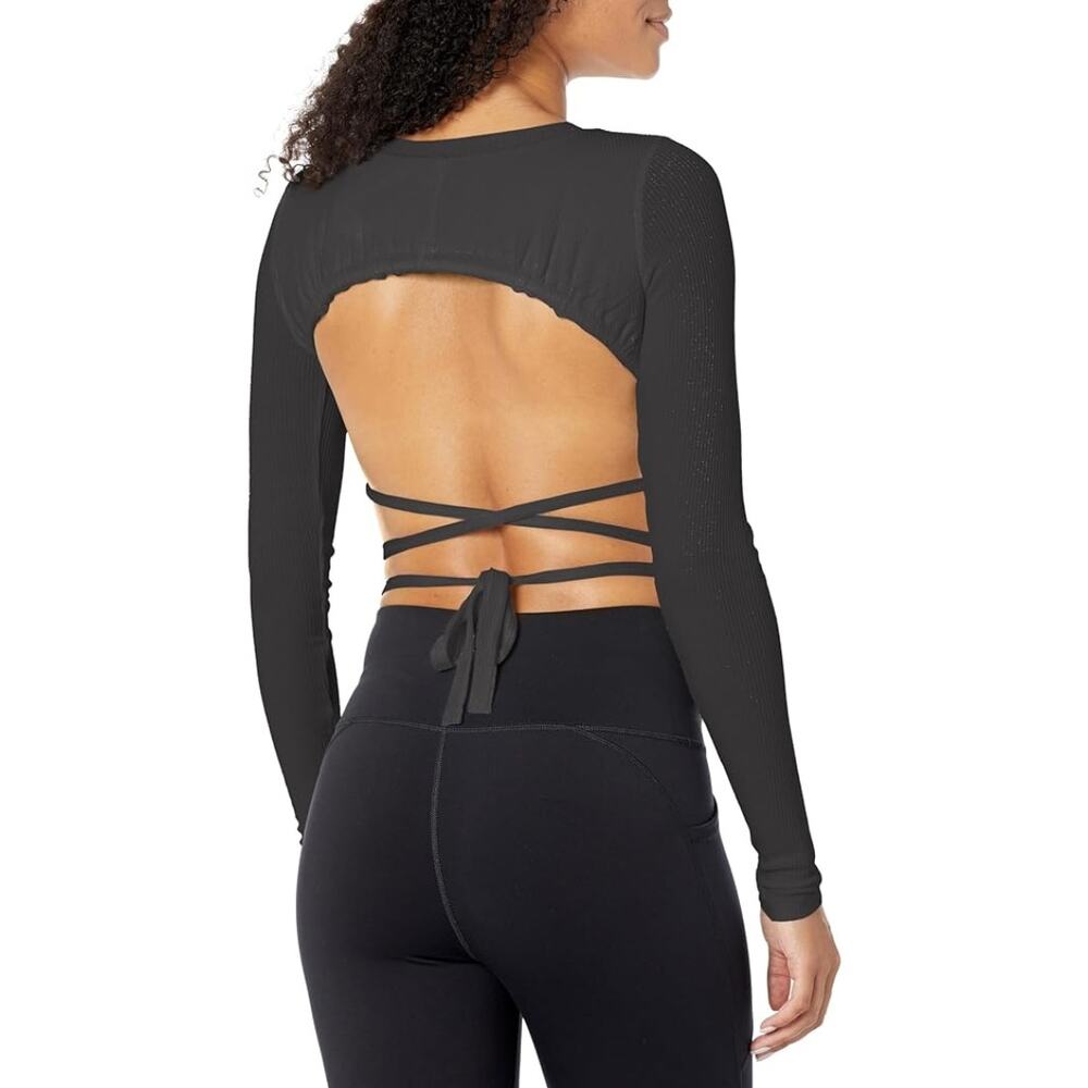 Alo Yoga Womens Black Ribbed Manifest Long Sleeve Top Shirt Active Backless L - Picture 3 of 3